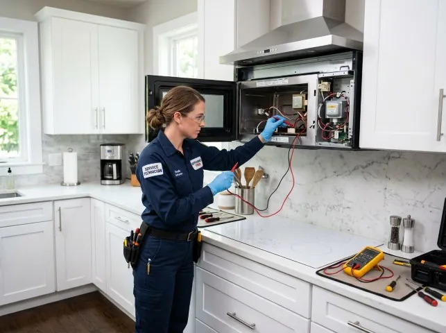 Appliance Repair Hero technician testing an over-the-range microwave in a Bethany, LA kitchen